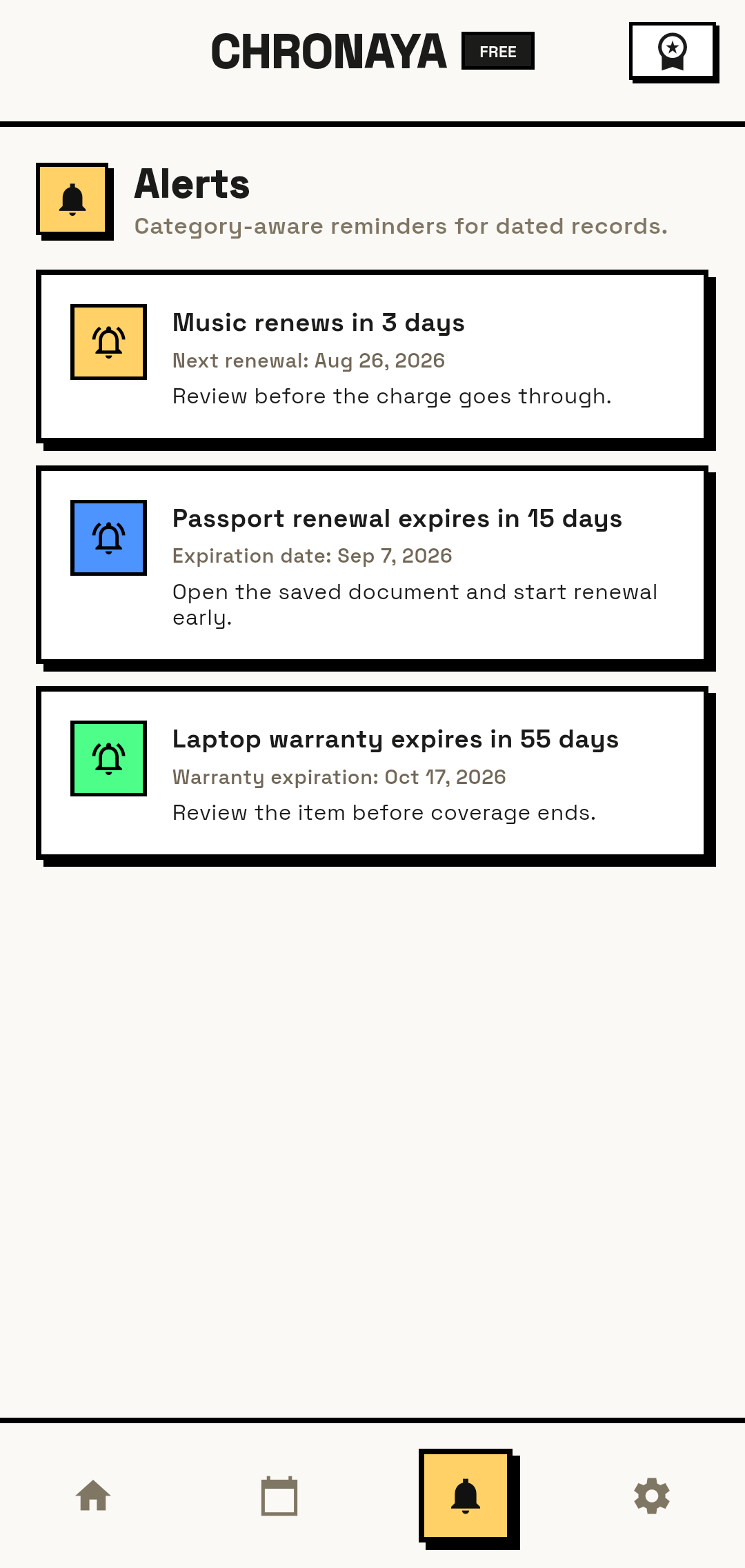 Chronaya alerts for upcoming subscription, passport, and warranty dates