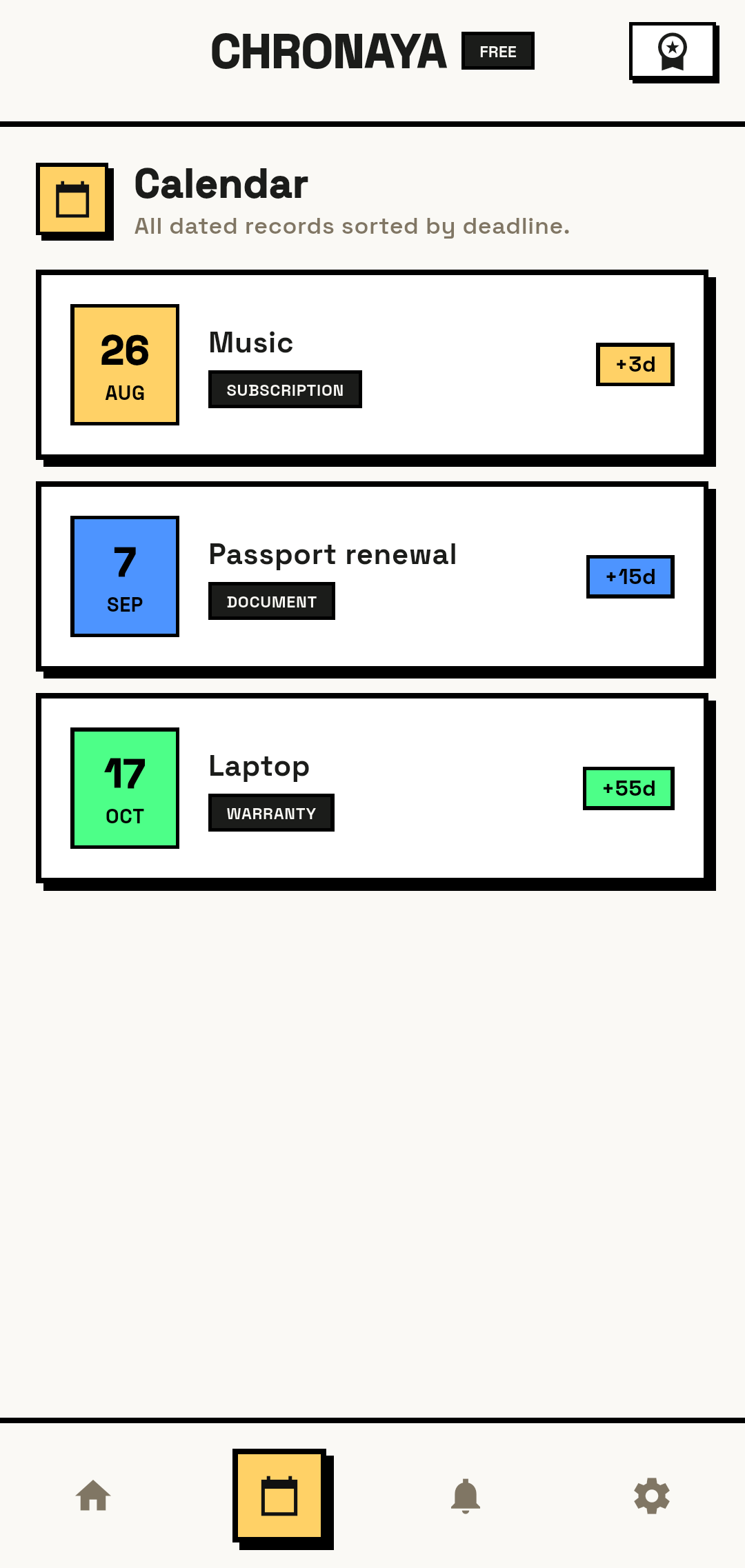 Chronaya calendar showing subscription, passport, and warranty dates in order