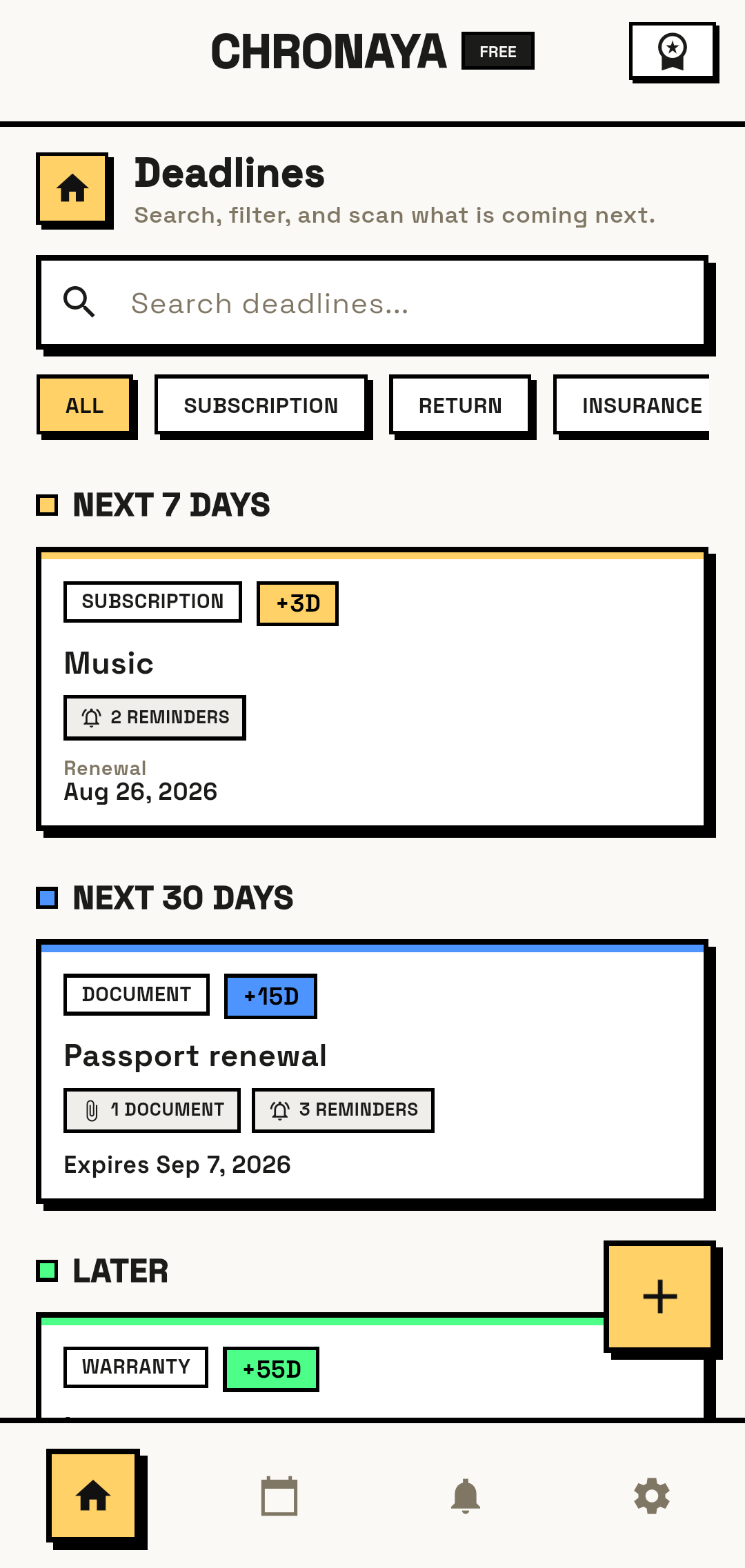 Chronaya dashboard grouping upcoming subscription, document, and warranty deadlines