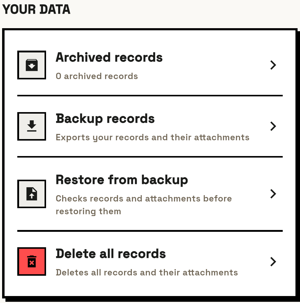Chronaya data controls for archiving, backup, restore, and deletion